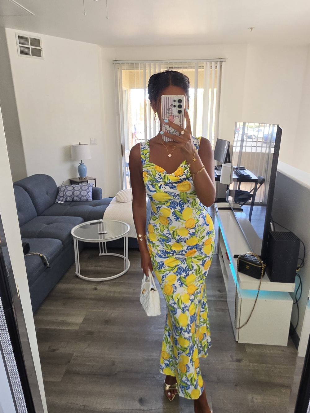 Lemon Print Sleeveless Maxi Dress - White/Yellow Very Stretchy - Picture 6 of 17